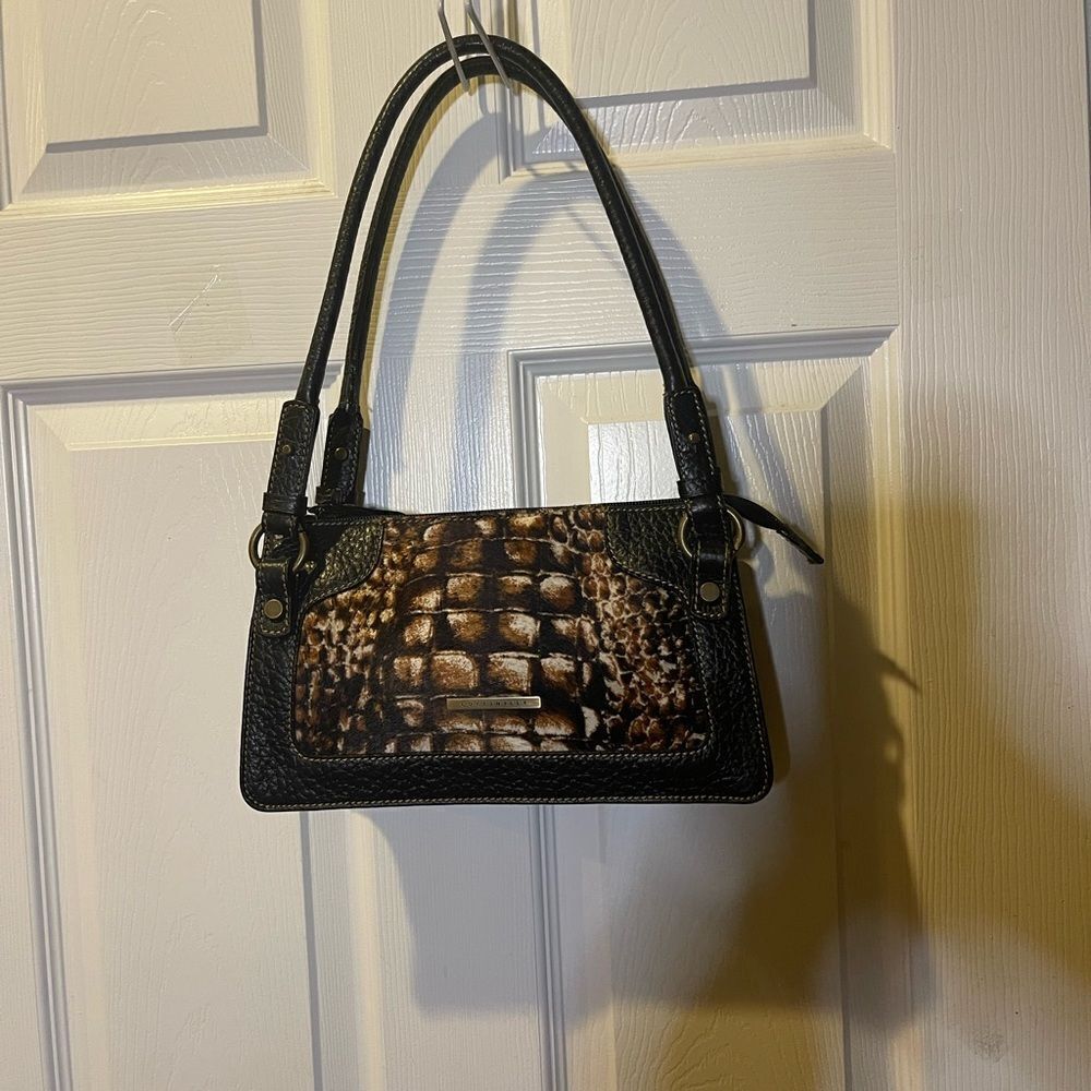 Coccinelle leather pony hair brown & beige shoulder bag with brown trim & strap